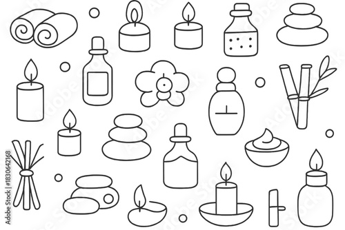 Essential spa and wellness items seamless pattern featuring massage stones aromatic candles and oils