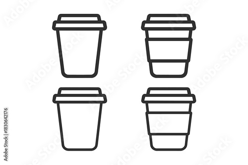 Four outline icons of disposable coffee cups with lids and sleeves for hot drinks