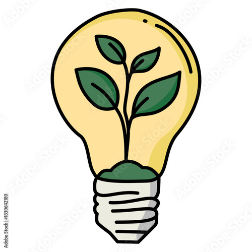 Green energy light bulb icon with growing plant leaves graphic symbol