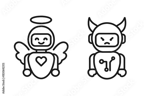 Angel robot with halo and wings next to devil robot with horns representing good and evil duality