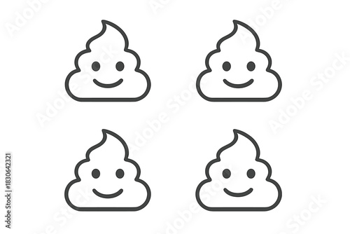 Set of four outline icons depicting the popular smiling pile of poop emoji symbol