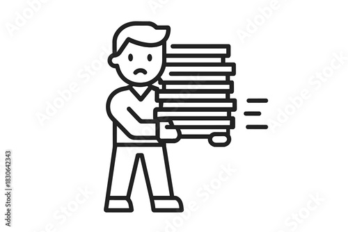 Overworked employee carrying a massive stack of while rushing under pressure