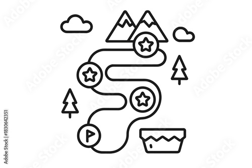 Scenic winding route map showing mountain peaks, forest trees, and star achievement points
