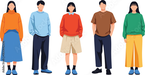 Group of trendy young people standing together wearing stylish casual autumn clothes, isolated flat vector characters on white background.