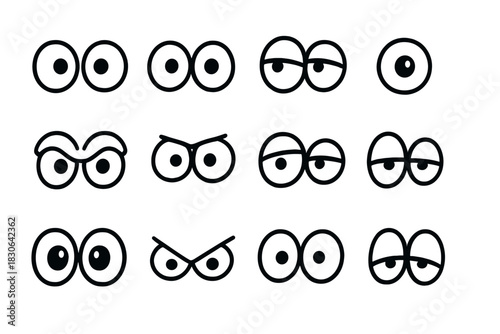 Funny cartoon eyes displaying emotional expressions and moods in black outline