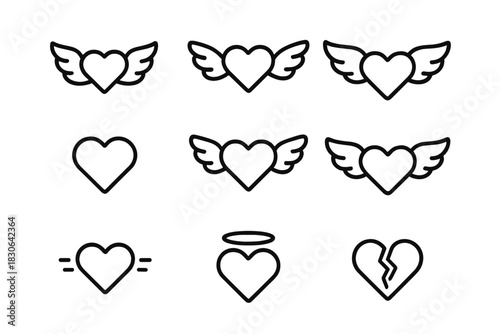 Outline collection of various hearts with wings, halo, and broken heart shapes