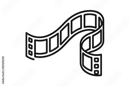 Simple black linear graphic depicting a long winding strip of movie film or cinema reel