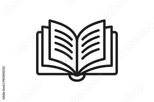 Minimalist black outline of an open book with pages showing text lines representing knowledge