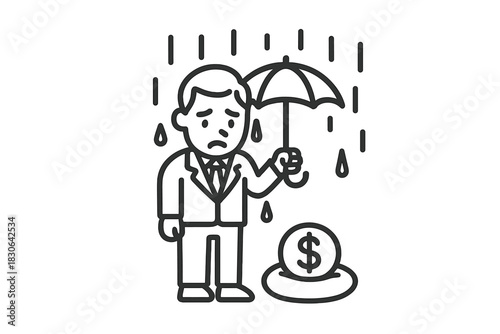 Worried businessman watching a dollar coin sink in the rain