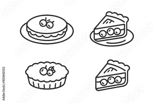 Outline icons depicting whole pies and dessert slices topped with fresh berries