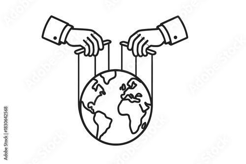 Puppeteer hands controlling the world globe with strings symbolizing global power and manipulation
