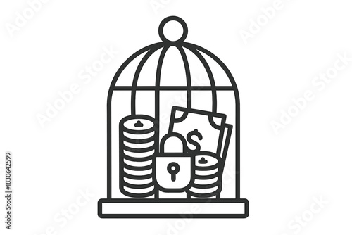 Secured money and savings inside a locked cage symbolizing financial restriction or protection