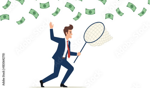 Businessman Running with a Net to Catch Falling Money, Symbolizing Financial Opportunity, Wealth, Earnings, and Business Profit Vector Illustration.