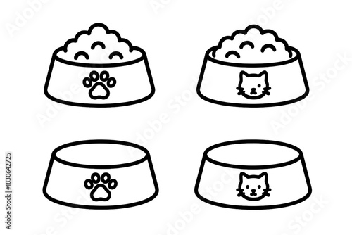 Pet food bowl dishes showing full and empty states with paw print and cat face graphics
