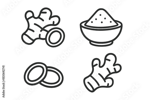 Minimalist icons set of ginger root, sliced pieces, and powdered spice in a bowl