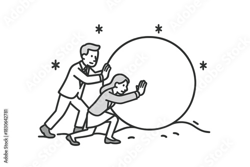 Business professionals collaborating to push a giant snowball up a snowy hill