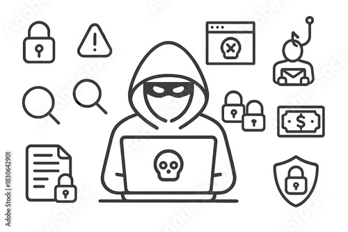 Hacker figure using laptop surrounded by digital security threats and cybercrime icons