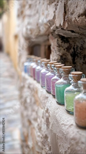 Fototapeta Naklejka Na Ścianę i Meble -  A row of small glass bottles filled with colorful sand are arranged on a stone wall, with a blurred background of a street.
