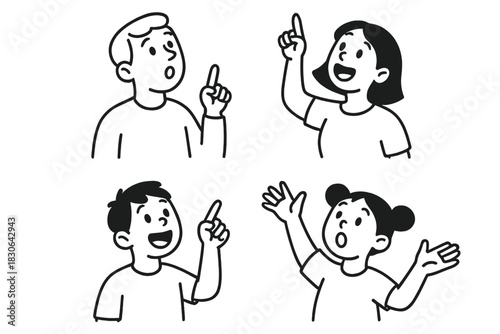 Four expressive cartoon portraits showing people pointing or reacting with amazement