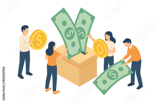 Diverse group of people contributing money into a large savings or donation box