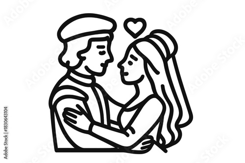 Romantic couple embracing with a heart symbol in a classic historical or Renaissance style