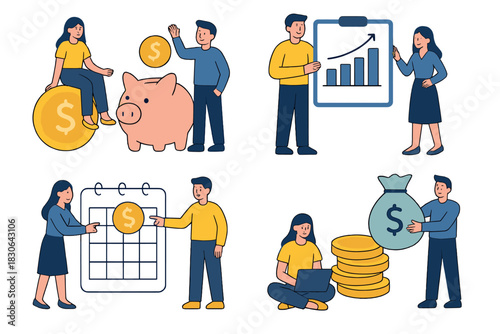 Financial planning and investment concepts showing saving, budgeting, analysis, and wealth management
