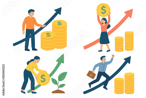 Business success, financial investment, and savings scenes with upward trending arrows