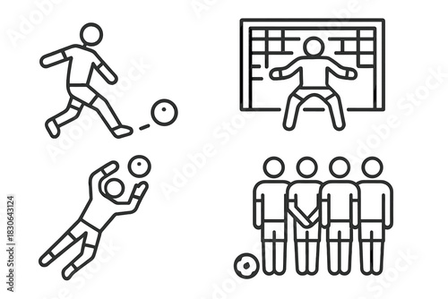 Soccer players icon set showing kicking action, goalkeeper save, diving catch, and team formation
