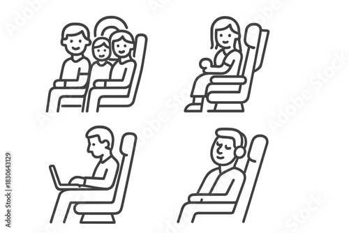 Diverse passengers sitting in seats while traveling by air or bus, including family, solo traveler, and worker