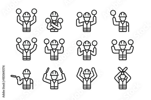Construction worker and traffic controller showing various safety and guidance hand signals
