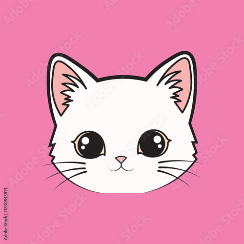 Cute cartoon white kitten face with big eyes on bright pink background