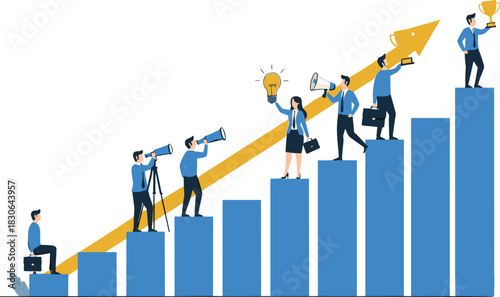 Diverse Business Team Climbing an Upward Graph Bar Chart Towards a Trophy, Representing Visionary Strategic Planning and Financial Growth Vector Illustration.
