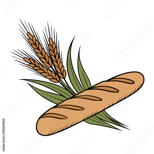Baguette Bread with Wheat Ears Rustic Food Illustration