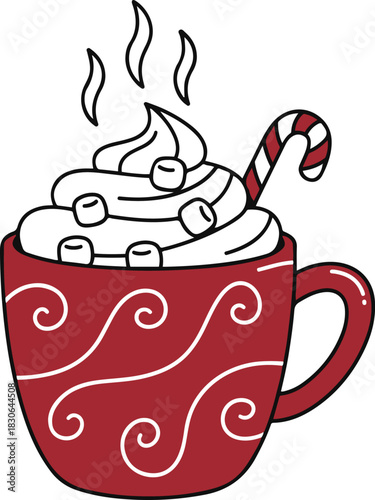 A festive red mug decorated with white swirls, filled with steaming hot chocolate topped with whipped cream, marshmallows, and a candy cane.