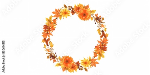 Watercolor autumn floral wreath featuring maple, rowan leaf, and chrysanthemum for seasonal greeting cards, floral arrangement, Thanksgiving observance