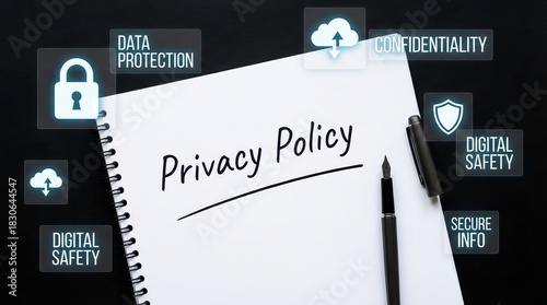 Words ‘Privacy Policy’ written on a notebook, emphasizing data protection, confidentiality, digital safety, and secure information management