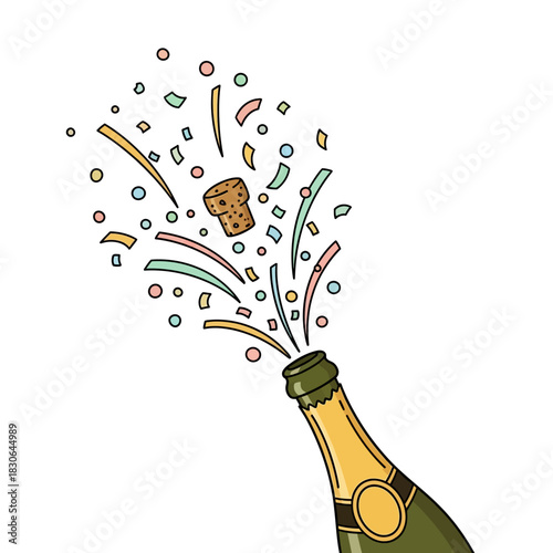 Champagne bottle popping with cork and colorful confetti flying out.