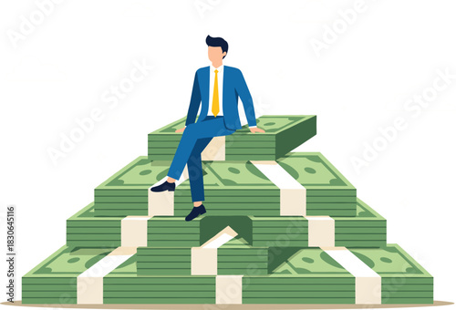 Successful Businessman Sitting Confidently on a Large Pyramid of Cash Money Stacks, Symbolizing Wealth, Financial Freedom, and Business Success Vector.
