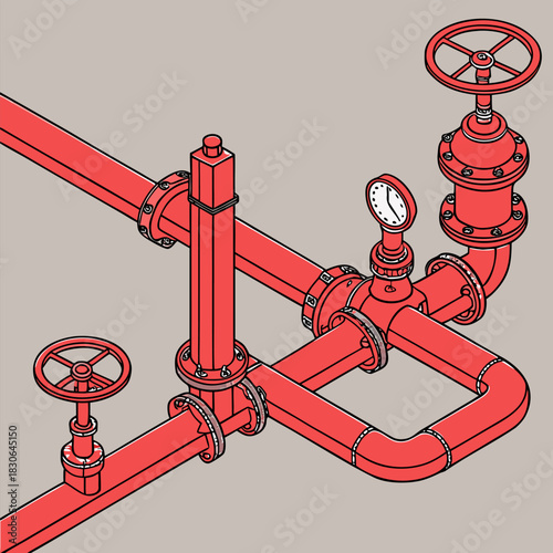 Steel gas pipes and control valves arranged in industrial pipeline background, detailed mechanical elements, energy infrastructure concept, clean precise illustration.