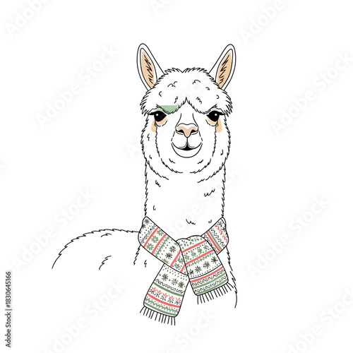 Charming alpaca wearing a festive scarf looking directly at the viewer.