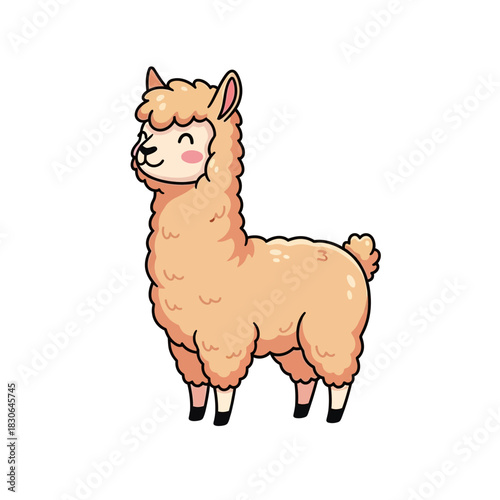 Cute Cartoon Llama Standing Profile View Adorable Fluffy Animal.