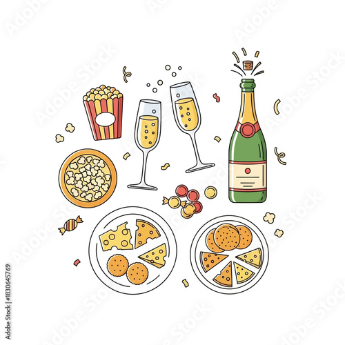 Festive celebration with champagne, snacks, and popcorn for enjoyment.