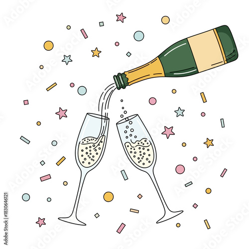 Champagne bottle pouring into two glasses for celebration and joy.