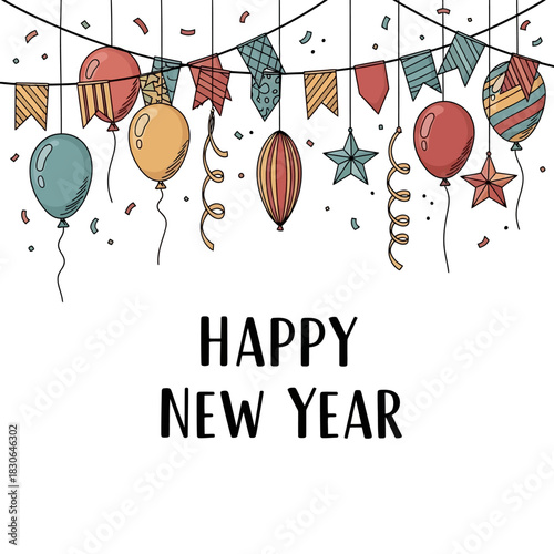 Happy New Year Celebration with Festive Balloons and Banners.