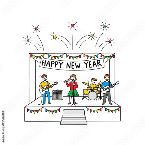 New Years Eve band performance with fireworks and festive decorations.