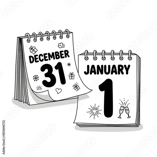 New Years Eve and New Years Day calendar pages illustration.