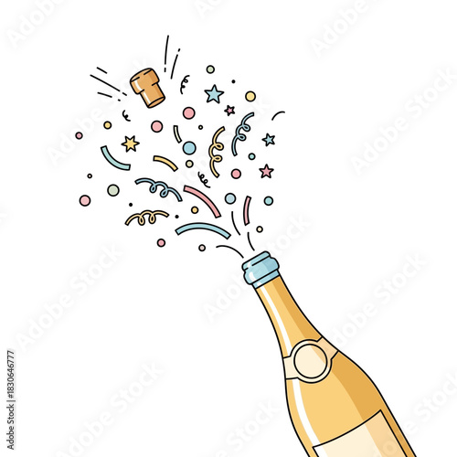 Champagne bottle popping with cork and confetti celebration party.