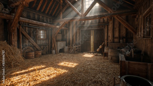 3d rustic barn interior with wooden beams, hay, farm tools and warm sunlight illuminating natural textures. cozy rural environment