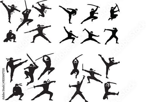 Martial arts & ninja silhouette vector set — dynamic fighting and action pose pack, black silhouettes EPS illustration for sport, fight, dojo design projects