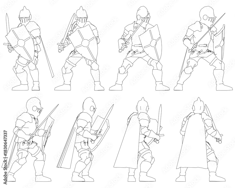 Obraz premium A determined knight in full armor holds a sword and shield in a defensive stance. The detailed illustration on a white background highlights the warrior's helmet, breastplate, and gauntlets.